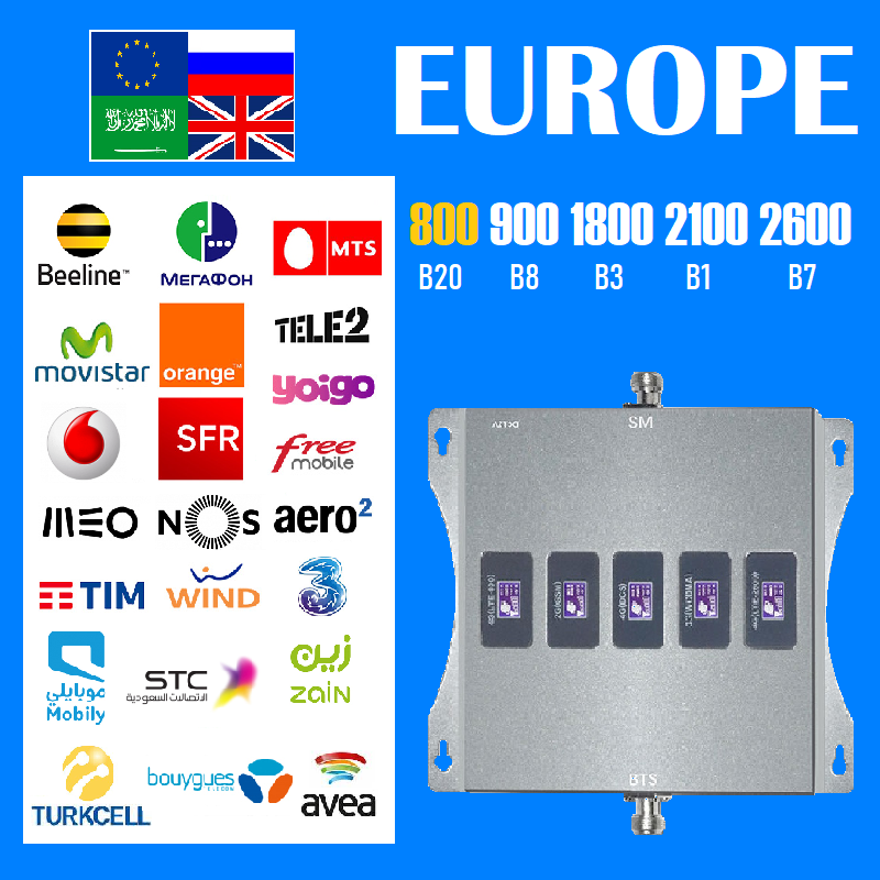 5 Band Cellular Amplifier Signal Booster GSM Mobile Cellphone Network Internet Repeater 2G 3G 4G 5G for Latin America